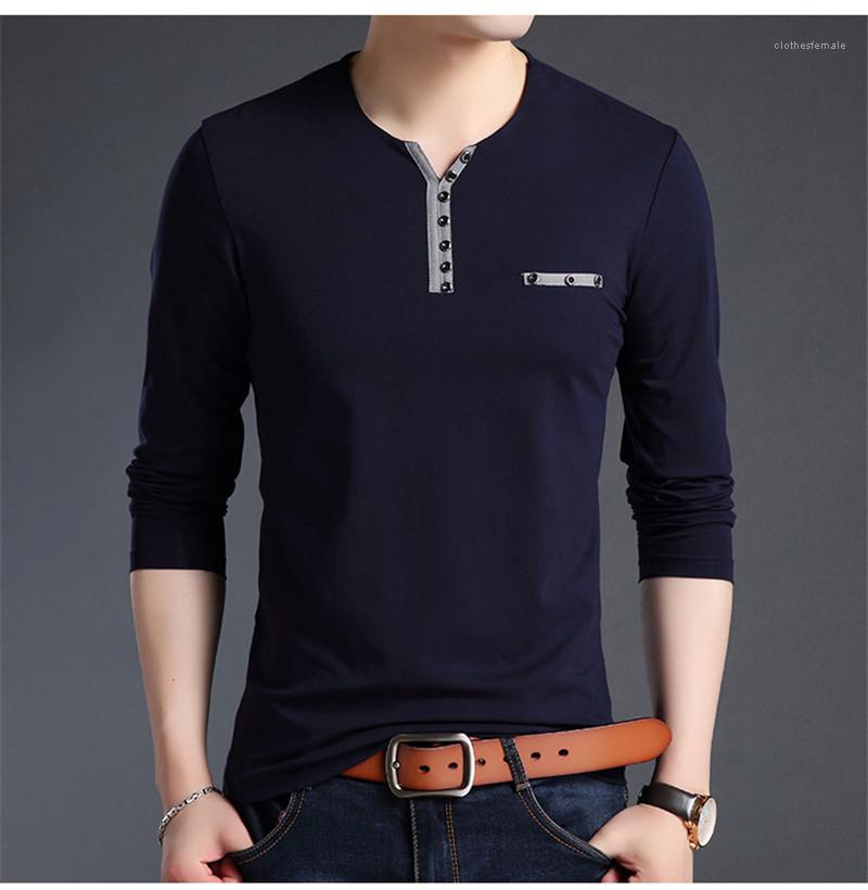 Slim Mens V Neck Tshirts Fashion Pure Color Button Long Sleeve Tees Casual Male Casual Apparel Designer