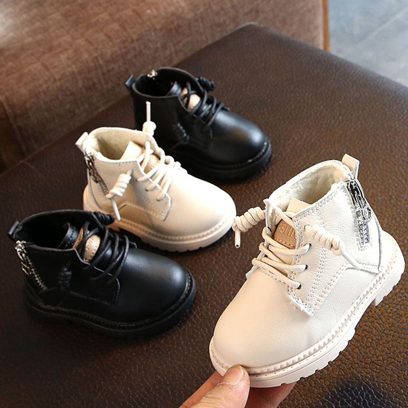

12-14cm Pu Waterproof Winter Baby Boots Black Beige Side Zip Infant Boots For 0-2Years Boy Winter Shoes Baby