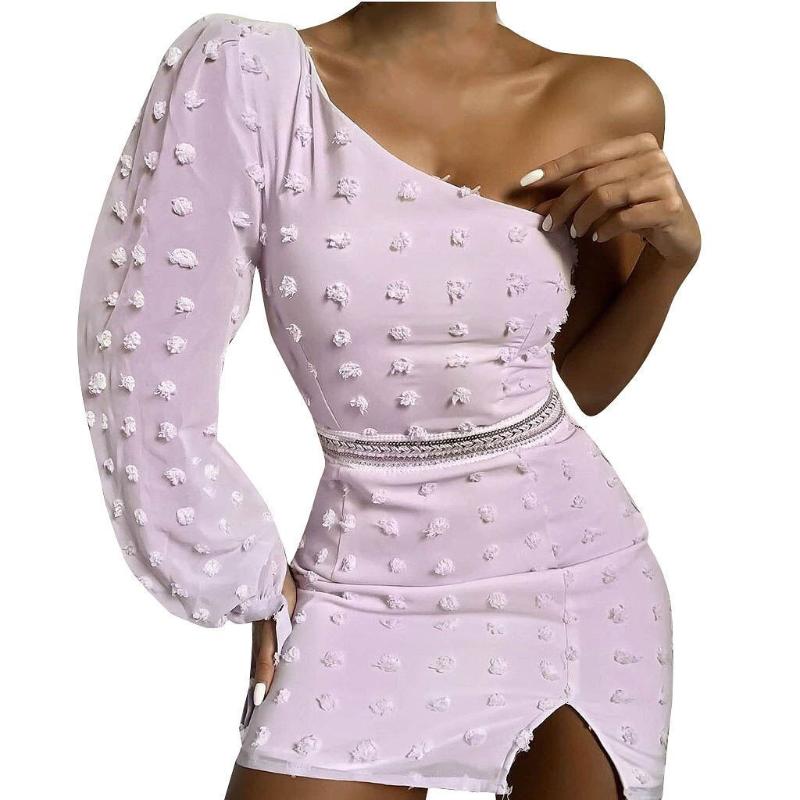 

Fashion Puff Sleeve Dress Female Women Soild Embroidered Slanted Shoulder Bubble Shirt Sleeve Dress Party Dresses Sukienki