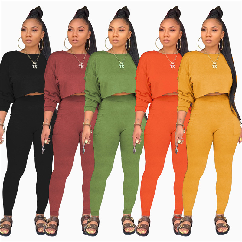 Womens Designer Tracksuits Casual Pencil Pants Long Sleeved O-Neck Short Tops 2 Piece Sets Fashion Solid Color Womens Tracksuits