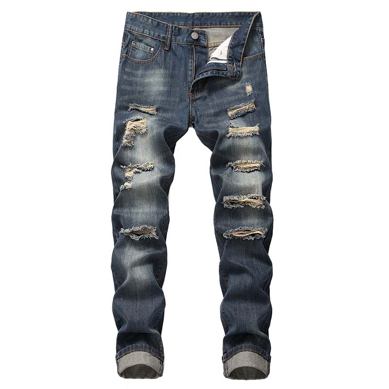 

New Men Distressed Jeans Casual No Elasticity Pants Slim Ripped Denim Bleached Knee Holes Washed Destroyed Jeans High Quality, T-305 deep blue