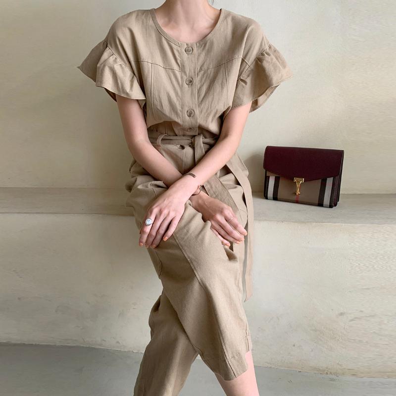 

Summer Korean Style Women Jumpsuit and Rompers Elegant Short Sleeve Single Breasted Loose Casual Wide Leg Jumpsuit Overalls, Beige