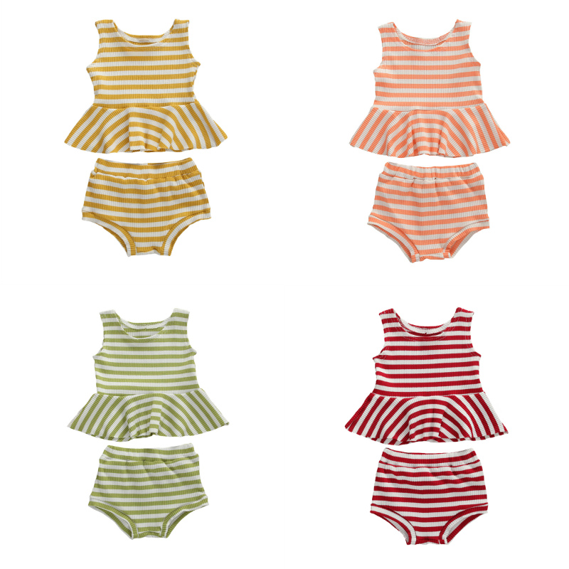 

Summer 2Pcs Sets Newborn Kid Baby Boys Girls Casual Clothes Suit Knitted Striped T-shirt+Shorts Suit Cute Cotton 3-24Month, Green
