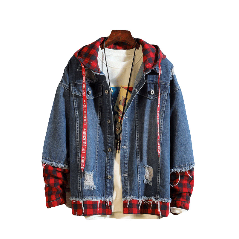 

Autumn Winter 2020 new men' holes loose hooded fake two-piece denim jacket Korean youth long-sleeved handsome jacket men, Blue