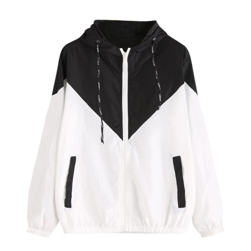 

Autumn Winter Hooded Three Tone Windbreaker Jackets Patchwork Zipper Pockets Casual Long Sleeves Coats Outwear Feminino A30, Black