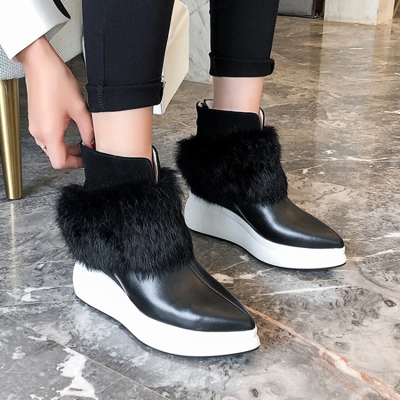 

Womens Pointed Toe Real Leather Fur Decor Ankle Boots Wedge High Heel Platform Punk Motorcycle Shoes 2Colors A1693, Black