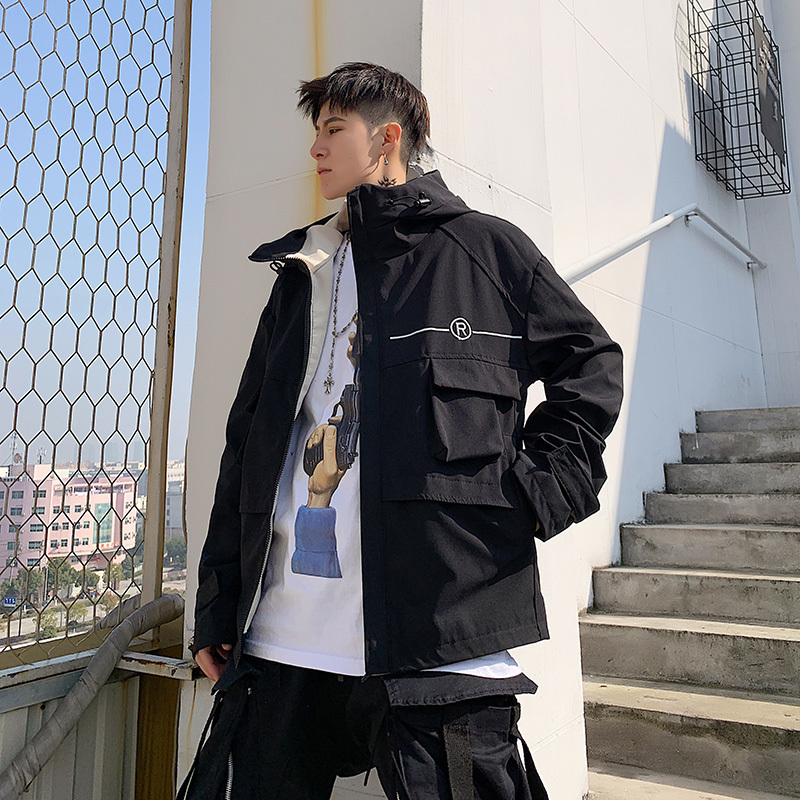 

2019 Spring And Summer New Men's Youth Japanese Version Harajuku Style Couple Loose Casual Cotton Large Pocket Size Jacket, Black