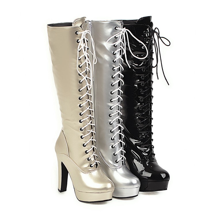 Womens Stage Clubwear Lace Up Shiny Gold Knee HIgh Boots Low Chunky Shoes All Sz