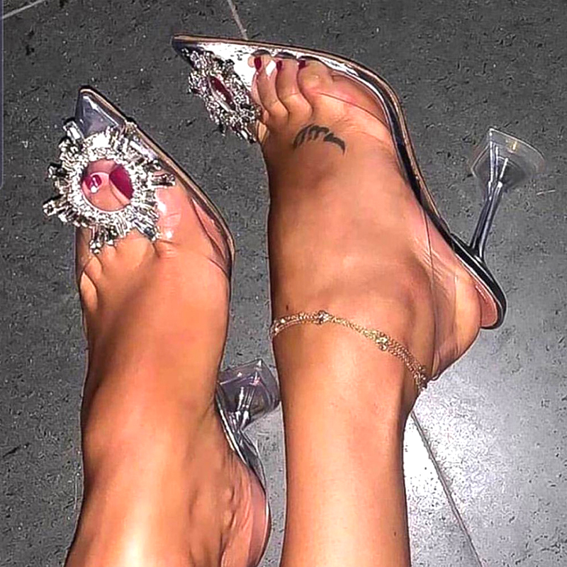 

Women Pumps Elegant Pointed Toe Rhinestones High Heels Wedding Shoes Crystal Clear Heeled Slingback Pumps Sandals, Sliver 7cm