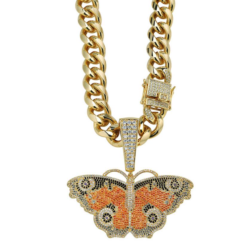 

designer necklace Fashion 18in 12mm Chain 18K Gold Plated Copper Butterfly Pendant Necklace Luxury Bling Zircon Hip Hop Necklace