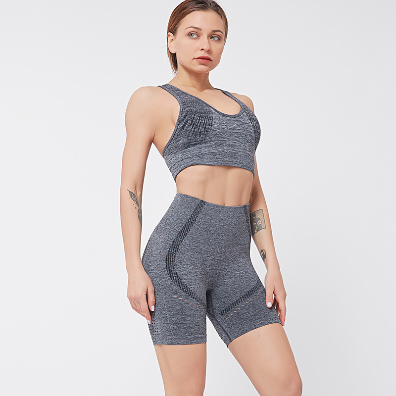

Women Yoga Set 2 Piece Vital Seamless Sport Suit Gym Clothes Fitness Crop Top Shirt High Waist Shorts Sleeveless Long Sleeve, Light blue shorts