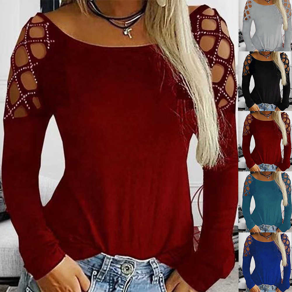 

Spot hot 2023 European spring and autumn solid color casual street round neck long sleeve hollow T-shirt, support mixed batch