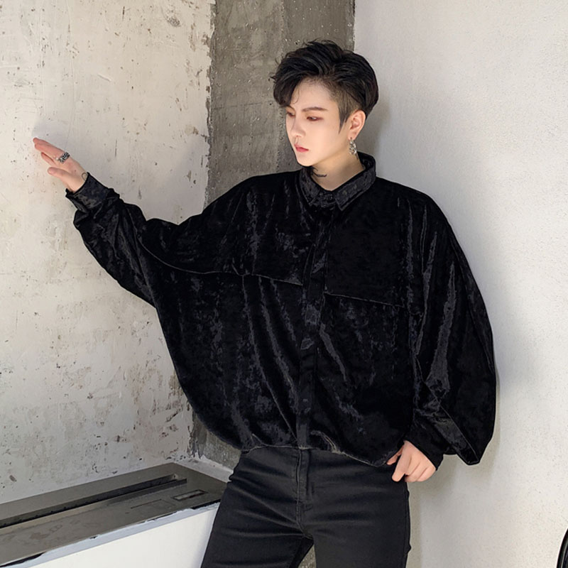 

Men Bat Long Sleeve Loose Casual Velvet Shirt Male Women Vintage Streetwear Hip Hop Gothic Stage Dress Shirts, Black