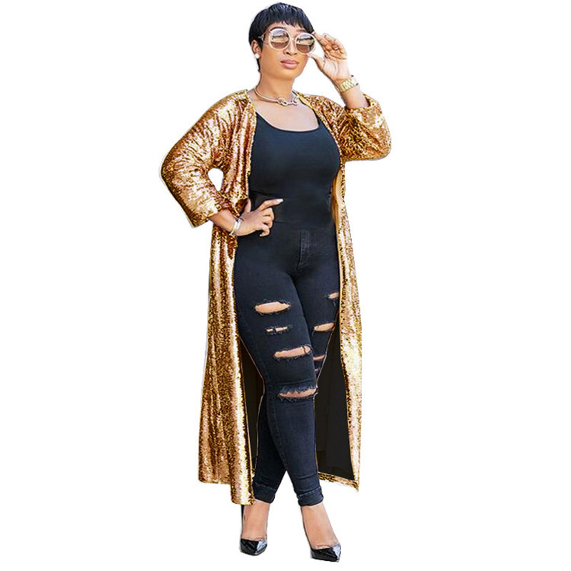 

Sparkly Gold Sequin Cardigan Women Autumn 2018 Open Front Long Cardigan Coat Party Glitter Long Trench Coat Outwear for Women