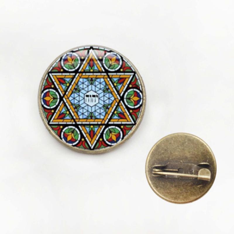 

New Star of David Brooch Antique Bronze Silver Metal Pin Israel Faith Hexagram Sign Glass Round Brooches Religion Jewelry