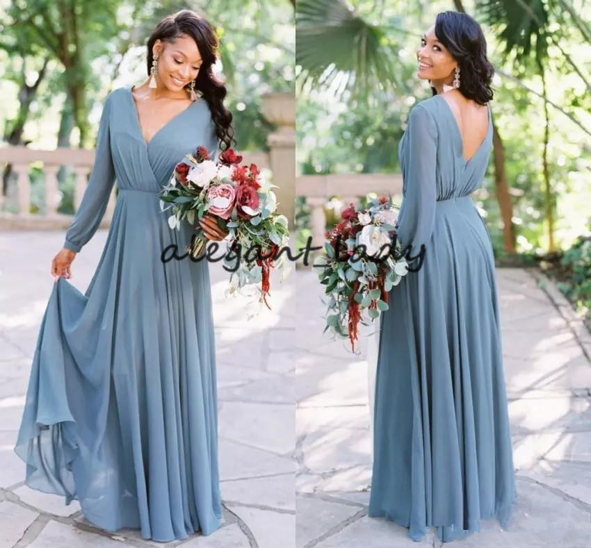 

Dusty Blue Country Long Bridesmaid Dresses with Long Sleeve 2019 Retro Chiffon Full length Bohemian Wedding Guest Party Dress