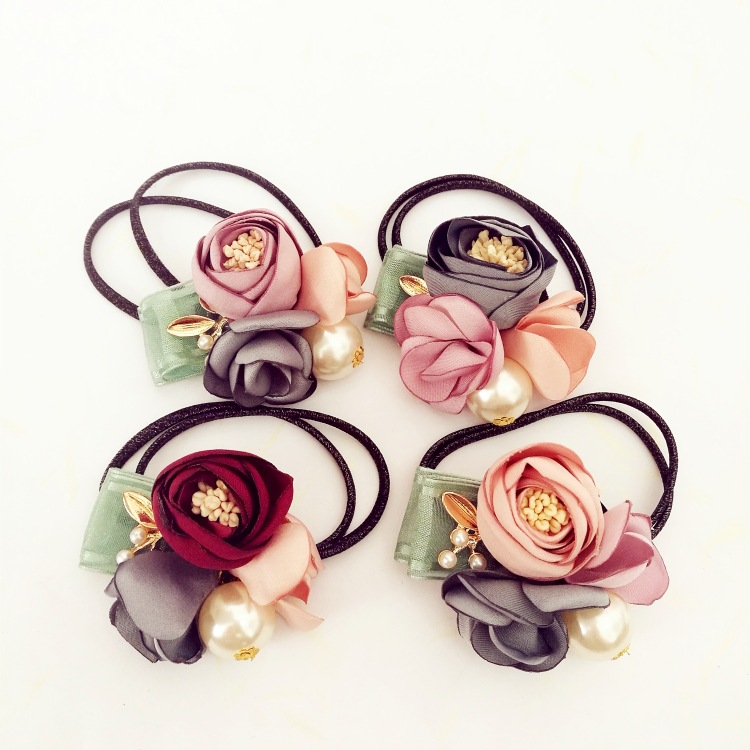 

Korean Fashion New Burnt Edge Petal Leaves Cloth Yarn Head Flower Pearl Hair Tie Rope Bands for Women Girl Jewelry Accessories
