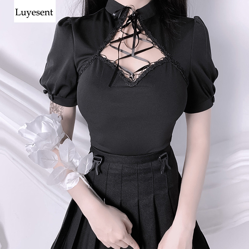 

Black Punk Women Summer Blouse 2020 Lady Lace-up Bust Hollow Out Puff Sleeve Stand Neck Sexy Gothic Blusa Basic Rock Street Top