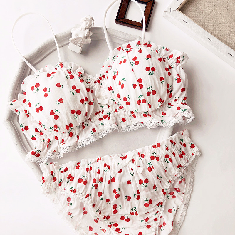 

Wriufred Cherry Printed Cotton Girl Heart Student Bra Set Wire Free Soft Cup Underwear Big Gathered Tube Top Lingerie Sets, As pic