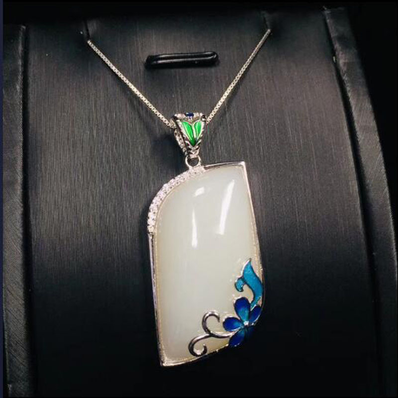 

Natural Chinese HeTian White Jade Inlay Flower Pendant Beautiful 925 Silver Necklace Fashion Charm Jewelry for Men Women Gifts