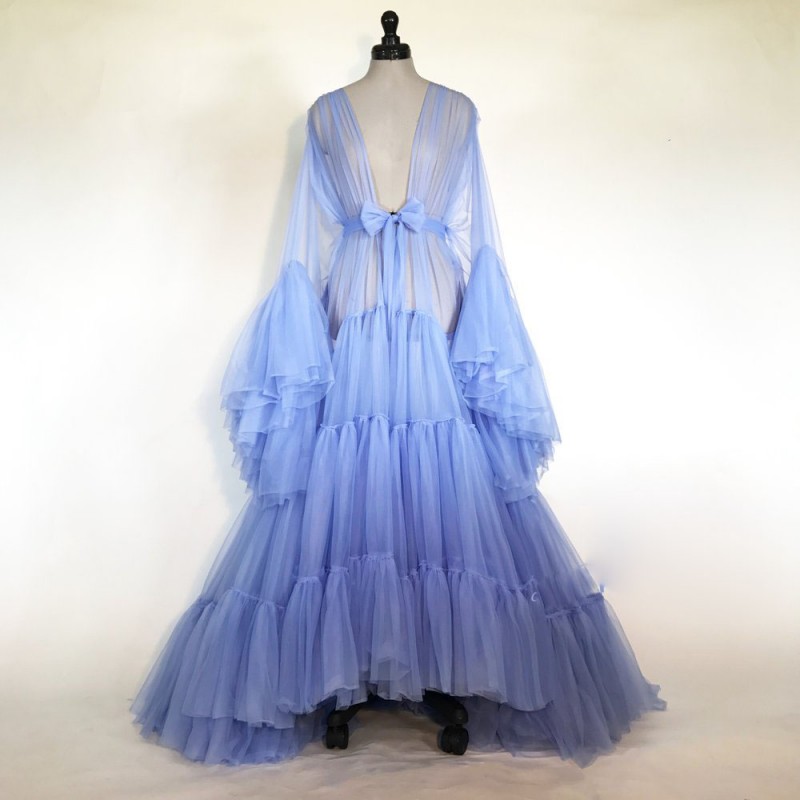 

Sexy Blue Women Robe Fur Nightgown Bathrobe Sleepwear V Neck Bridal Robe with Belt Wedding Party Gifts Bridesmaid Dress