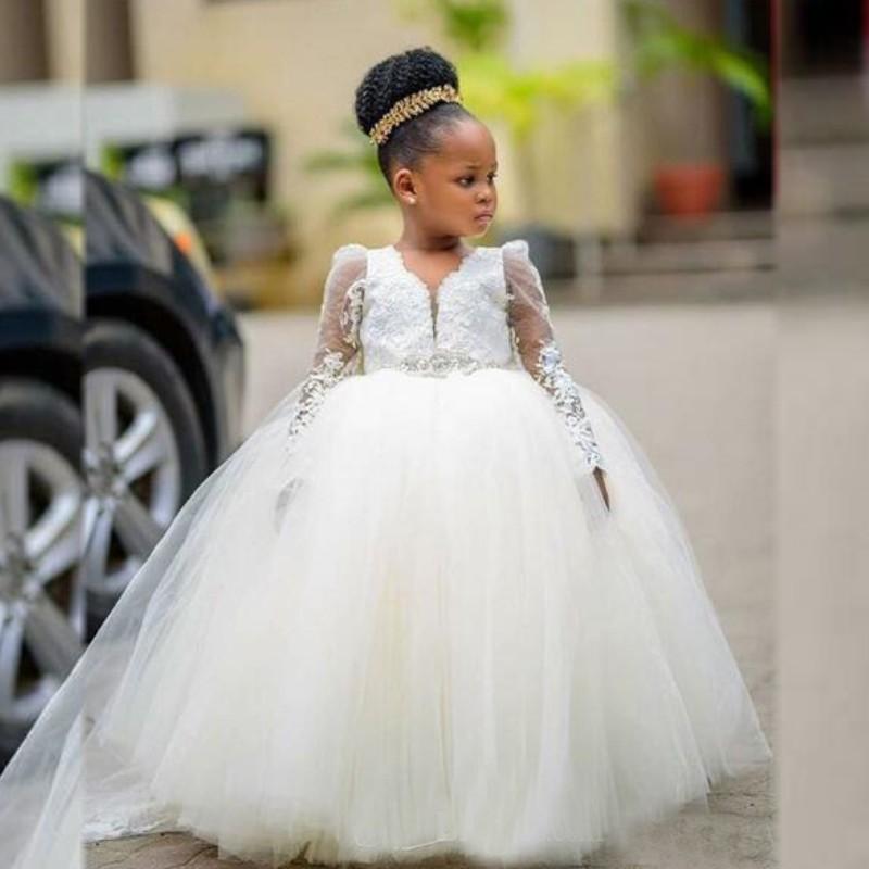 

2020 Tulle A Line Flower Girl Dresses Long Sleeve Little Girl Pageant Dresses Princess Birthday Dress for Wedding Kids Party Wear, Brown