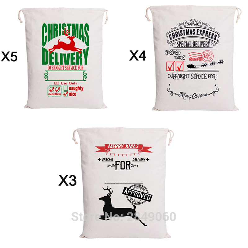 

10pcs Santa Sack Drawstring Bags 6 Styles Personalized Bags Kids Toy Customized Canvas Gift Christmas Party Decorations