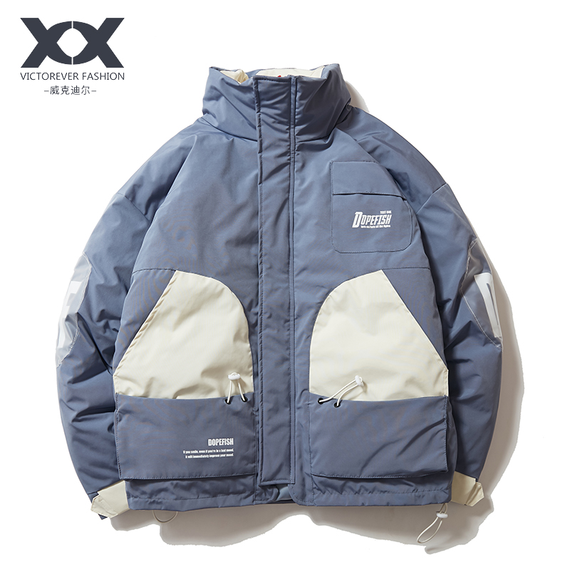 

Winter stand collar thick cotton men's color trend printing men's cotton jacket loose Japanese short, Blue