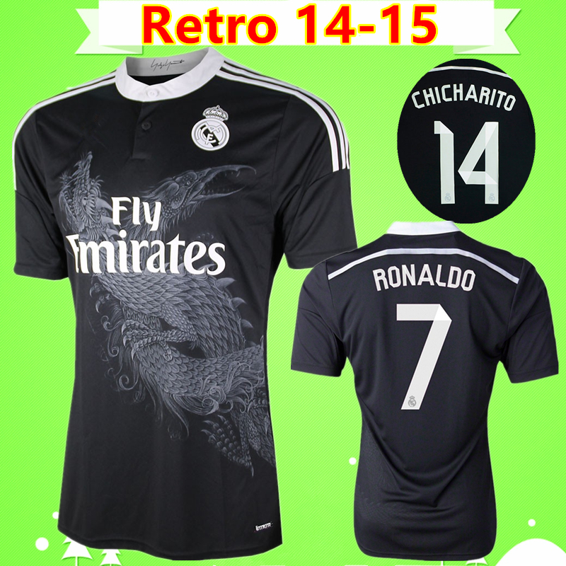 

Ronaldo Chicharito Benzema Bale Isco james 2014 2015 Real Madrid retro soccer jersey 14 15 vintage third black football shirt Chinese dragon, Retro 14 15