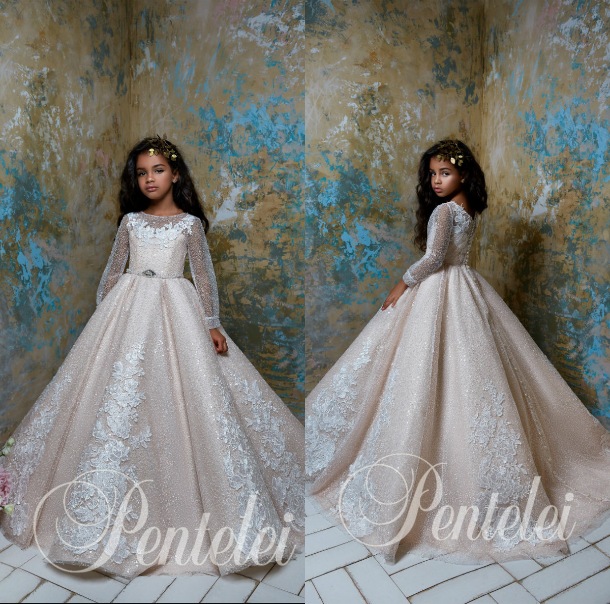 

Black Girls Flower Girl Dresses For Wedding Lace Appliques Sequins Long First Sleeve Communion Dress Tulle Custom Made Girls Pageant Gowns, Royal blue