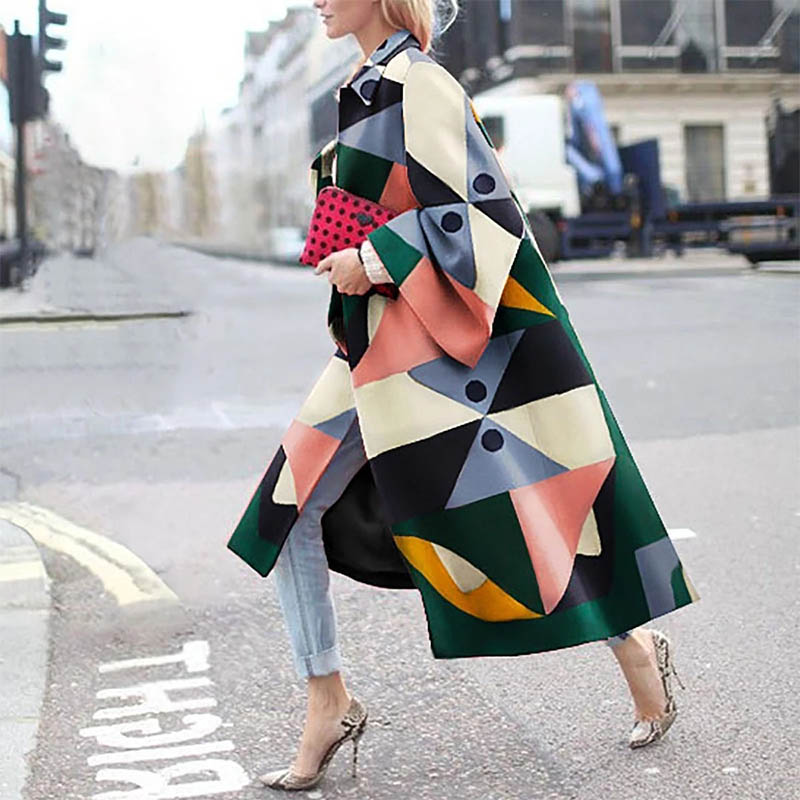 

Autumn Winter Trench Coat Fashion Geometric Print Color Coat Female Casual Long Cardigan Turn-Down Collar Vintage Outwear, Photo color