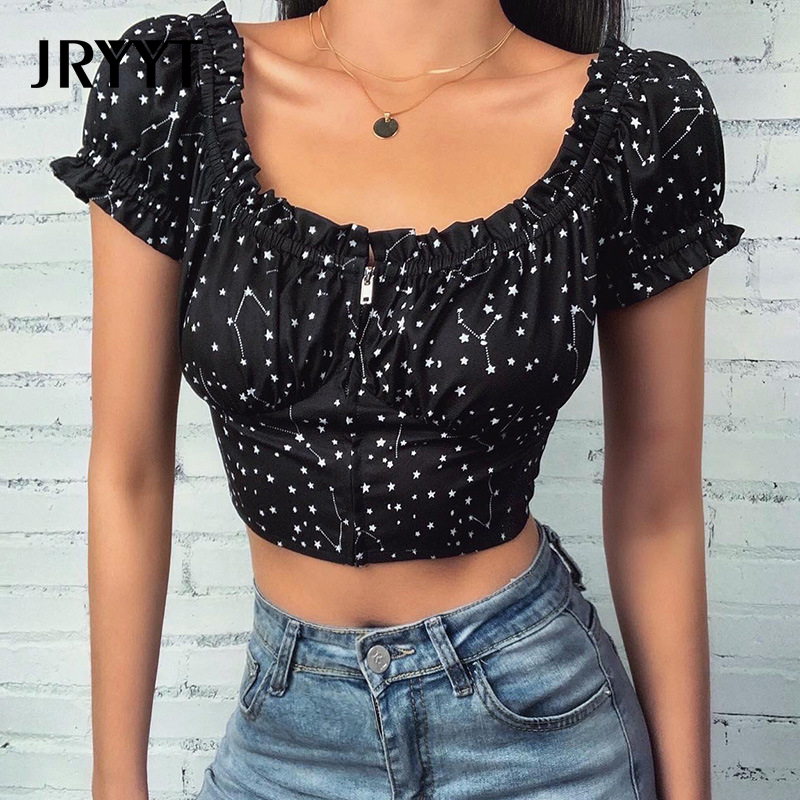 

JRYYT Black Sexy Stars Print Short Tops Women 2020 Summer Puff Sleeve Pleated Tee Shirt Woman Club Navel Strapless T-shirt Lady, Jt20159