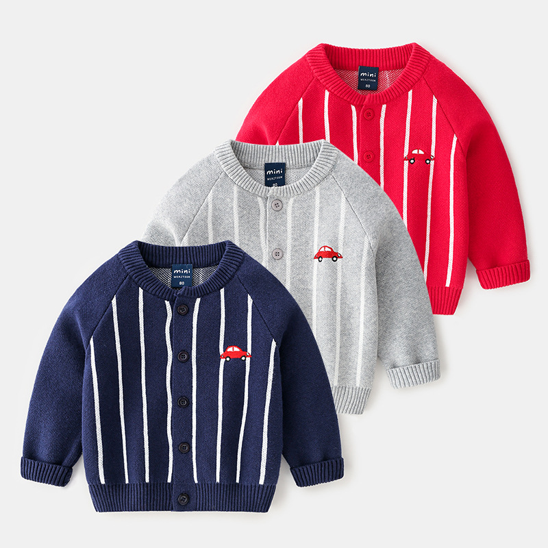 

baby kids clothing sweater Cardigan buttons Small Car Stripped Knitted sweater Solid Color 100% Cotton Boutique Boy spring fall sweater, As picture