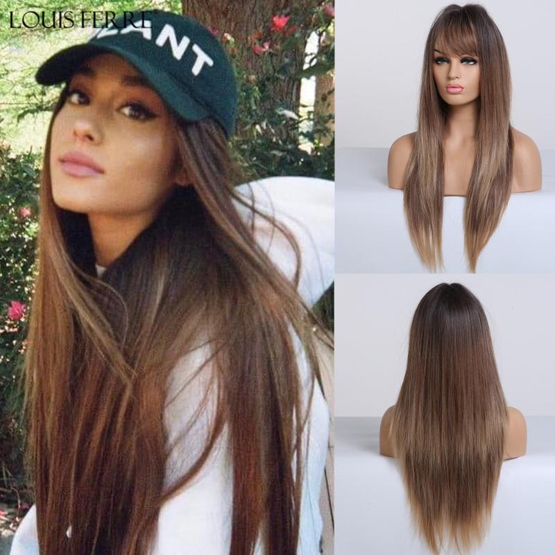 

LOUIS FERRE Long Straight Synthetic Wigs with Side Bangs for Women Heat Resistant Fiber Cosplay Costume Ombre Black Brown Wigs, Lc223