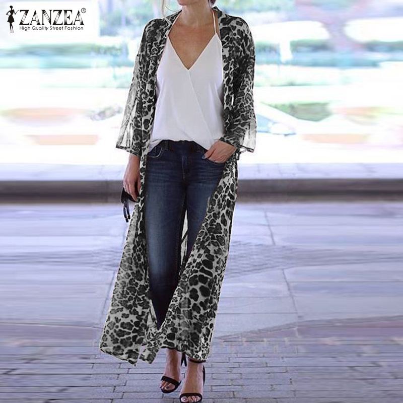 

2020 Summer Beach Party Blouse ZANZEA Fashion Leopard Print Cover Up Women Long Sleeve Bohemian Long Cardigan Shirt Tunic Tops, Brown