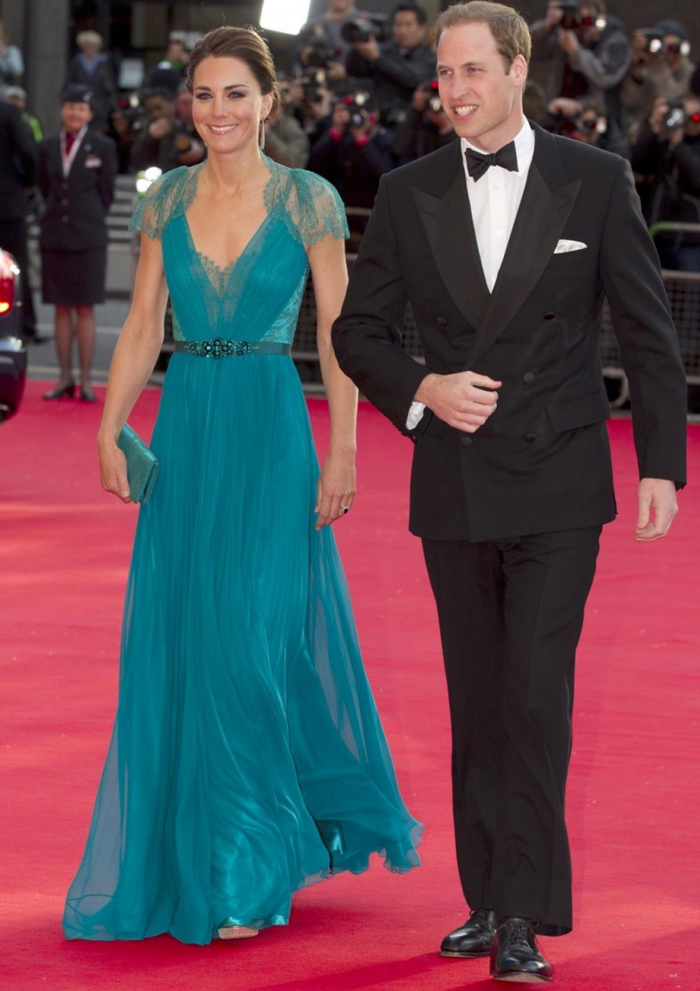 

Kate Middleton In Jenny Packham Sheer Lace Chiffon Evening Dresses With Cap Sleeves Evening Gowns Formal Celebrity Red Carpet Dresses, Light sky blue