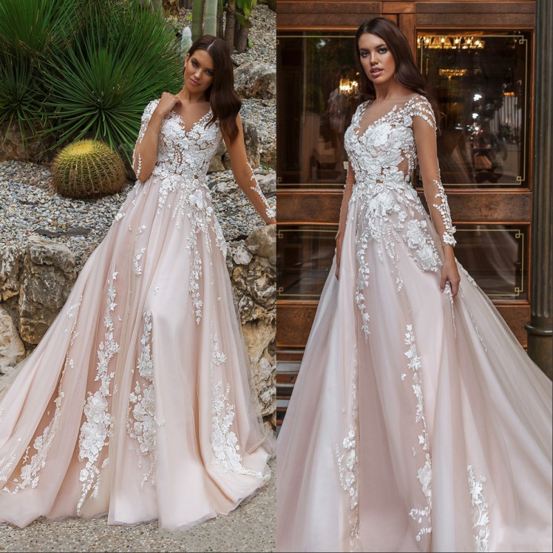 

Wedding Dress Bridal Gowns Sheer Long Sleeves V Neck Embellished Lace Embroidered Romantic Princess Blush A Line Beach, Ivory