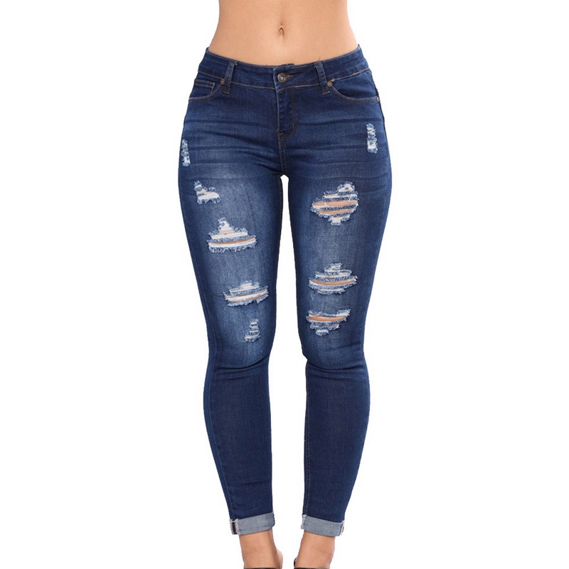 

2020 Women High Waist Casual Denim JeansSlim Plus Size Ripped Hole Long Jeans Denim Regular Pants Women Mom Jeans, Dark blue