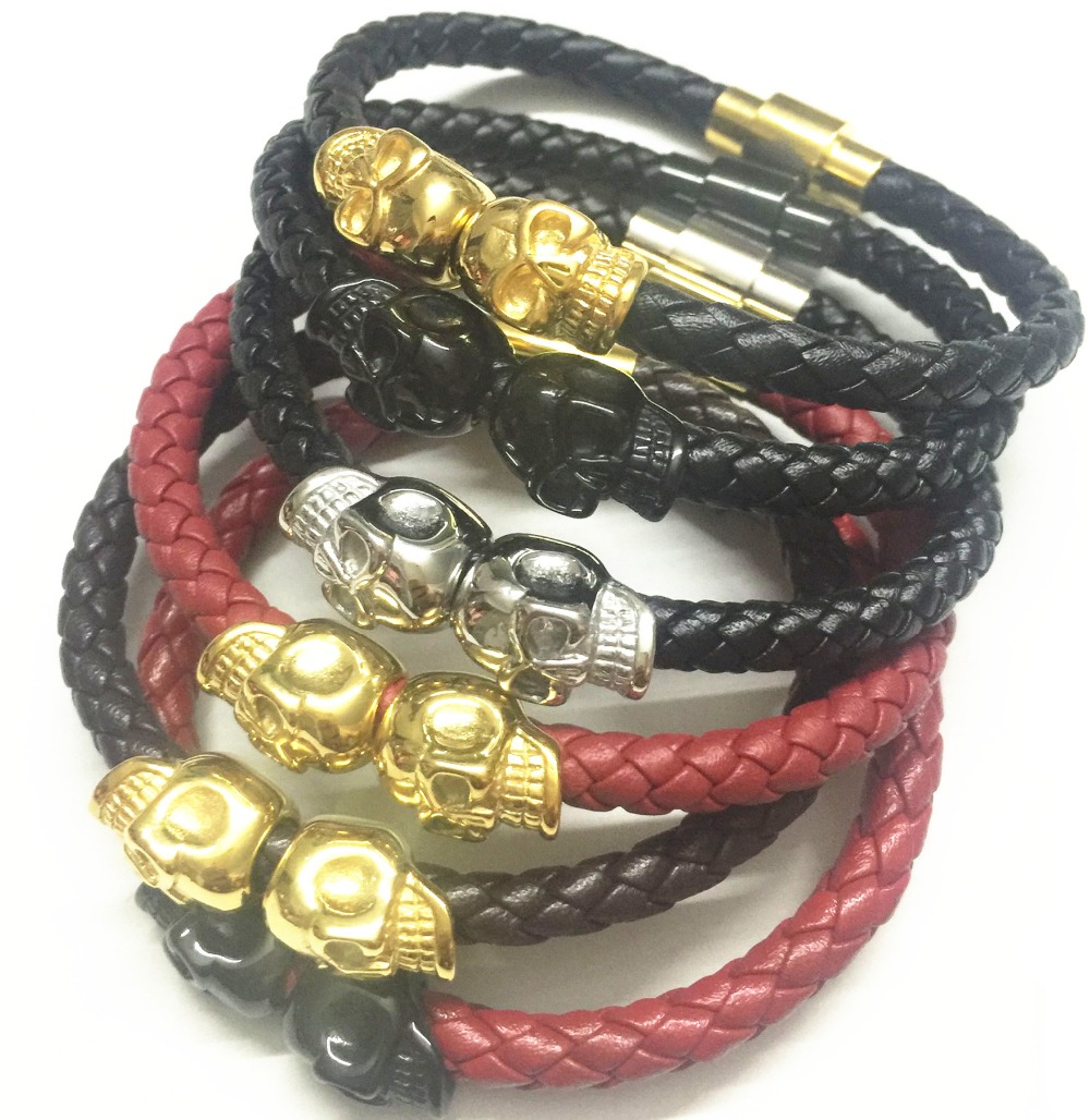 

2017 winter hot selling men's northskull bangles double skull bracelet leather customer name & engraved