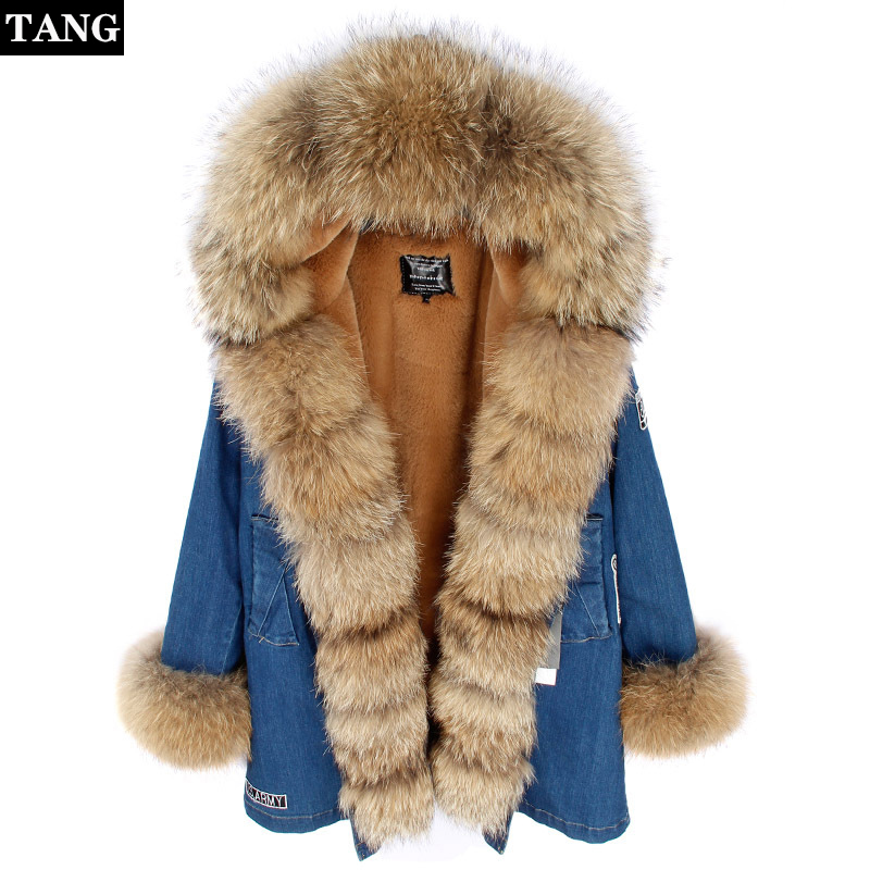

Cartoon Embroidery Thick Denim Jacket Ladies Hoodies Raccoon Fur Collar Plus Velvet Women Warm Long Cotton Suit Coat Detachable