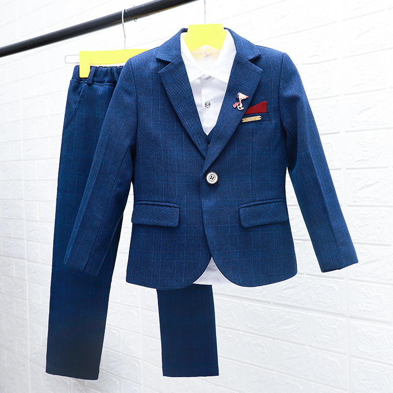 

Blue School Boys Suit Gentle Kids Blazers suit with good quality jacket pant vest 3 parts children prom costumes
