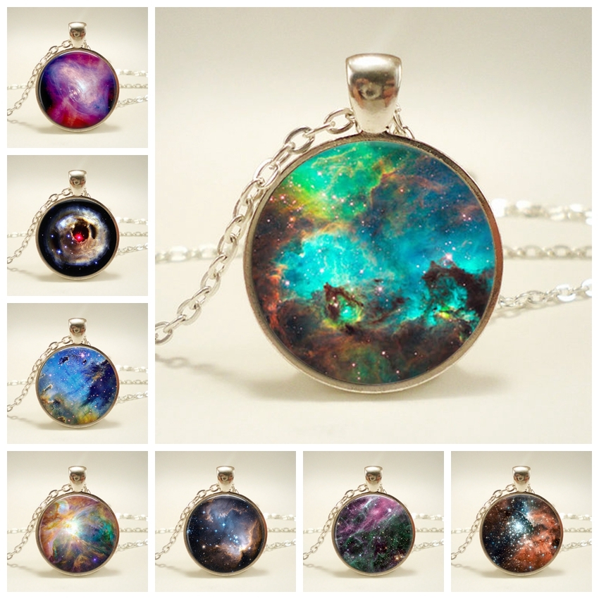 

Fashion Galaxy Moon Star Necklace Classic Glass Cabochon Statement Choker Necklace For Women Vintage Silver Color Chain
