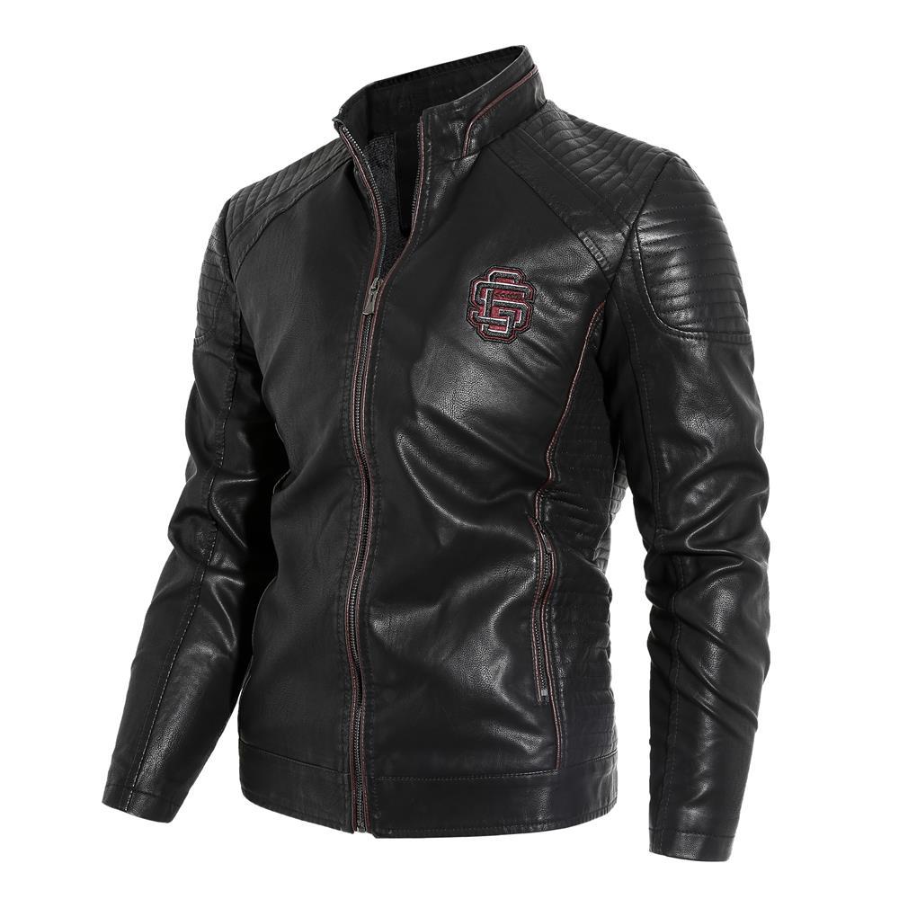 Men's Vintage Stand Collar Pu Leather Jacket Winter Black Warm Thick Coats Motorcycle Jacket
