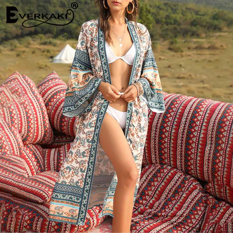

Everkaki Boho Kimonos Coats Floral Print Gypsy Beach Ladies Vintage Loose Coat Long Kimono Female Casual 2020 Spring Summer New, Multicolor