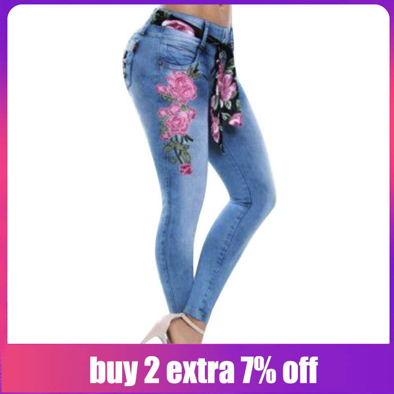 

NIBESSER 2019 Women Skinny Jeans Fashion Rose Embroidered Floral Ripped Denim Slim Jeans Women Bodycon Trousers Pencil Pants, Pink