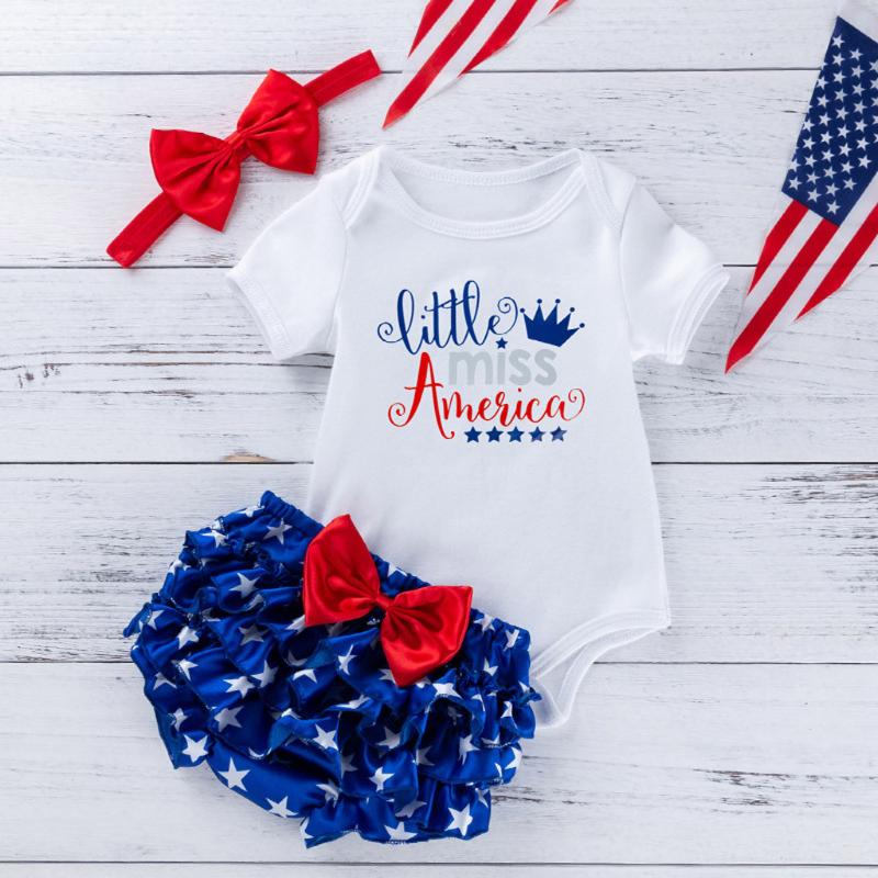 

Newborn Baby Boy Girl 4th-of-July Stars Patriotic Romper Shorts Headband Outfits, White