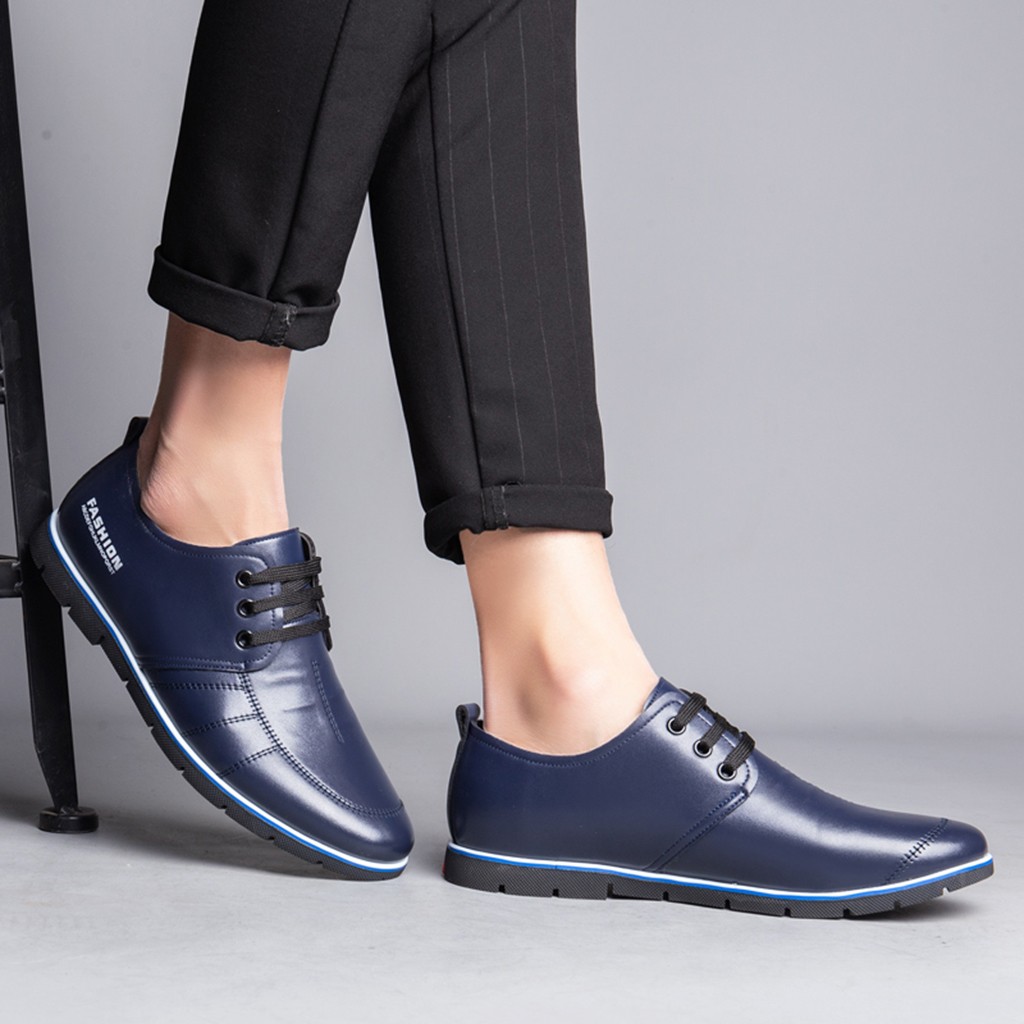 

men casual fashion business leather shoes Men's Fashion Solid Leather Business Elegant Sport Flat Round Toe Casual Shoes, Blue