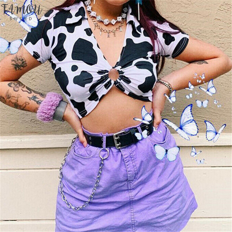 

2020 Fashion Women Short Sleeve Cow Skin Regular Print Turn Down Collar Front Hollow Office Blouse Shirt Casual Crop Tops Femininas, As picture