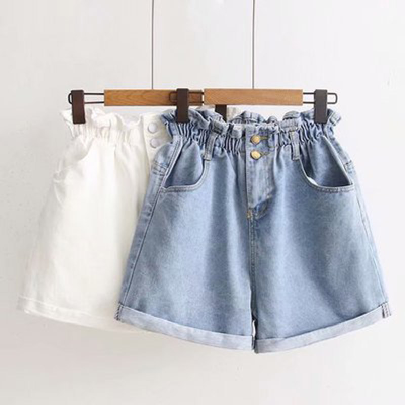 

Women Casual Loose Ladies Fashion Roll Up Hem Elastic Waist Pocket Blue White Jeans Summer High Waist Denim Shorts