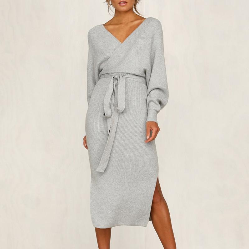 

Luxury Knitted Belted Vestidos Sexy Split Ropa Mujer Deep V Neck Dress 2020 Autumn Midi Dress Casual Ladies Knitwear Party, Yellow